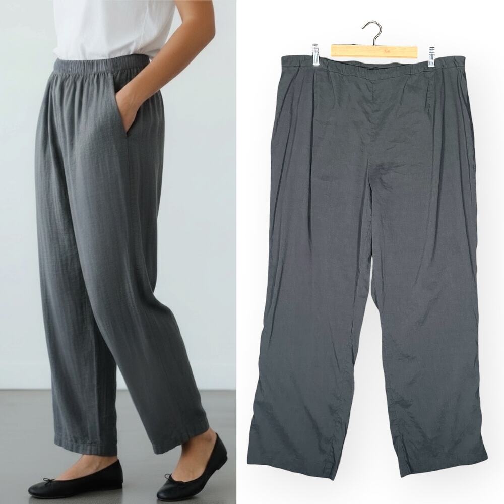 EILEEN FISHER Linen Blend Italian Fabric Wide Leg Pants High Rise Crepe Gray 20W